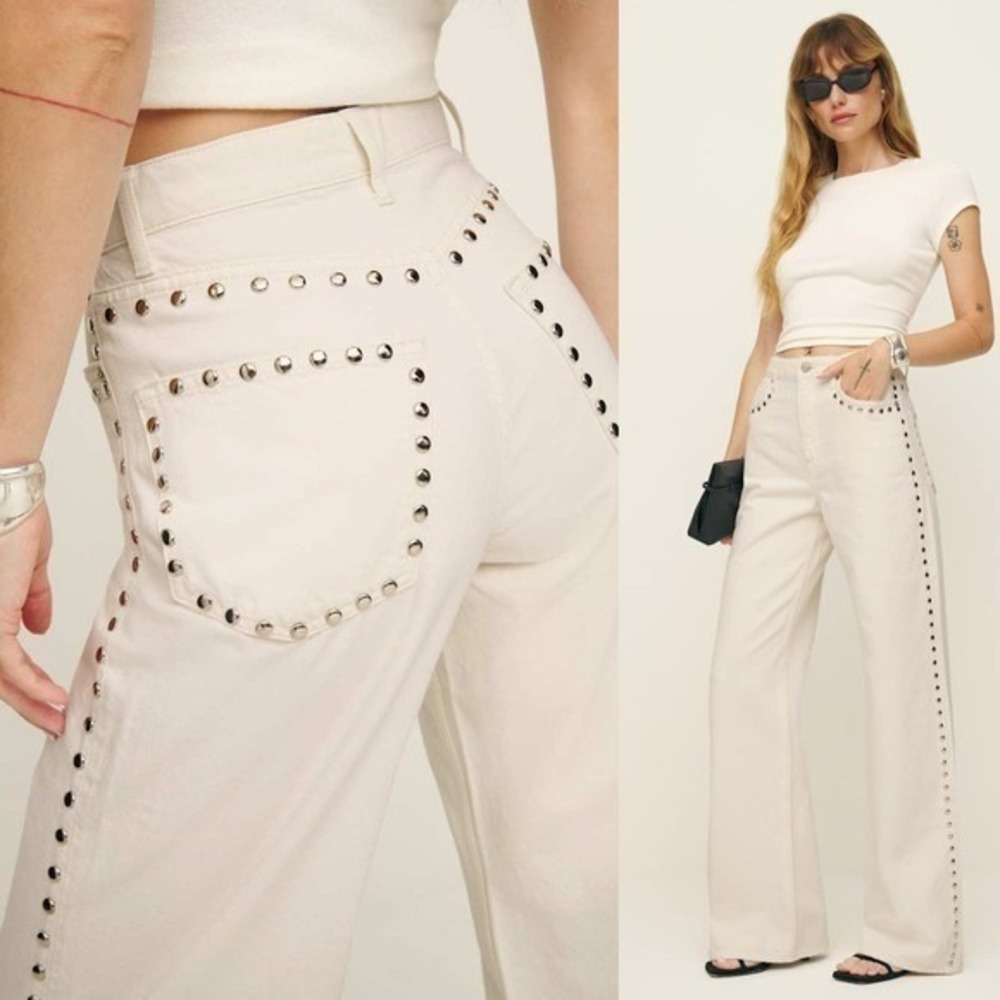 Reformation Cary High Rise Slouchy Wide Leg Jeans Cream Studded Size 28